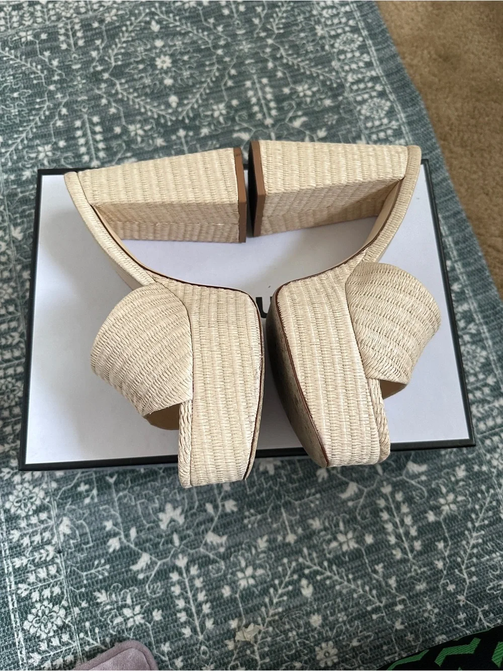 Larroude Natural Raffia Platform Block Heel Slides